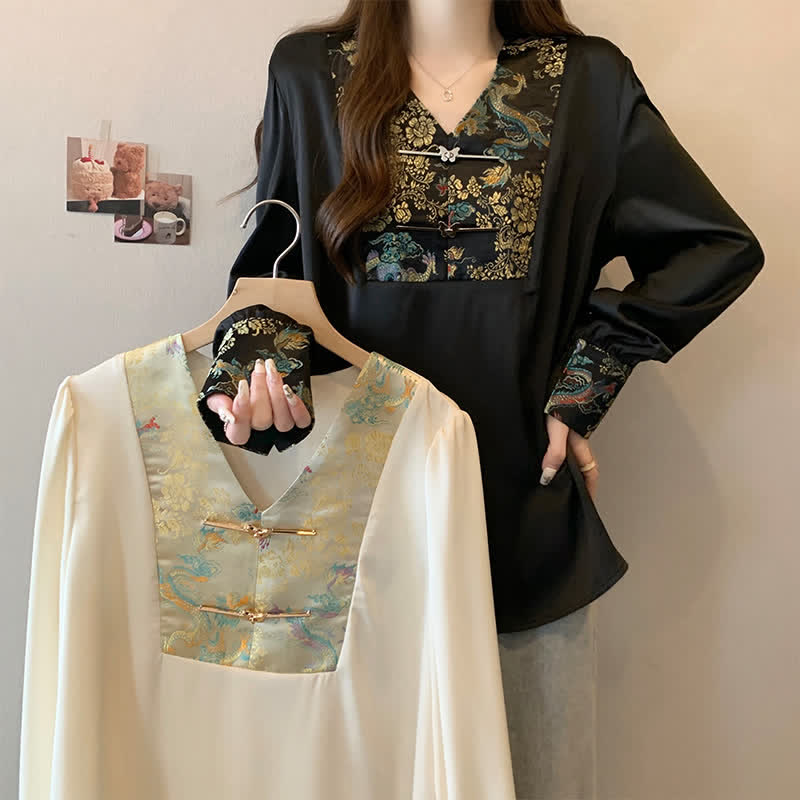 Vintage Dragon Buckle Long Sleeve V-neck Shirt