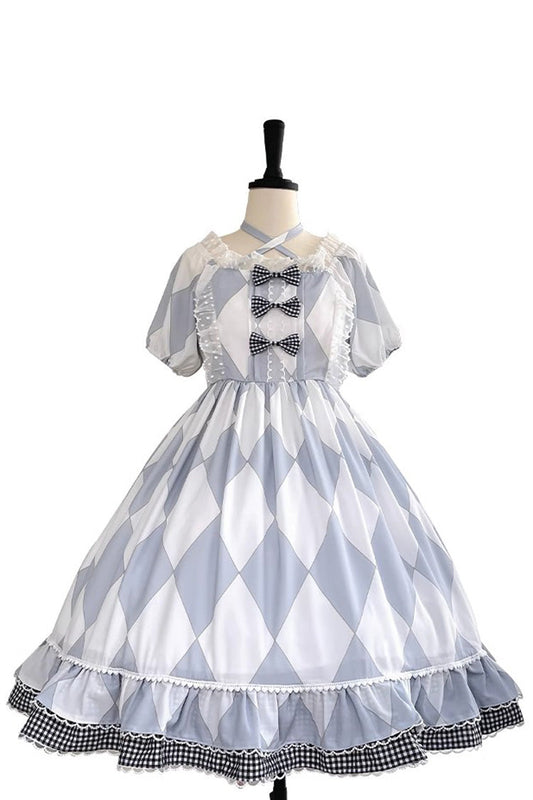 White Blue Short Sleeves Diamond Plaid Bow Sweet Lolita Dress