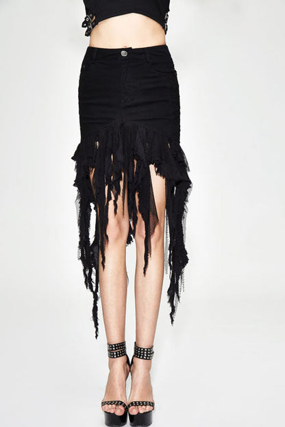 Edgy Frayed Asymmetrical Mini Skirt with Hip Cutouts