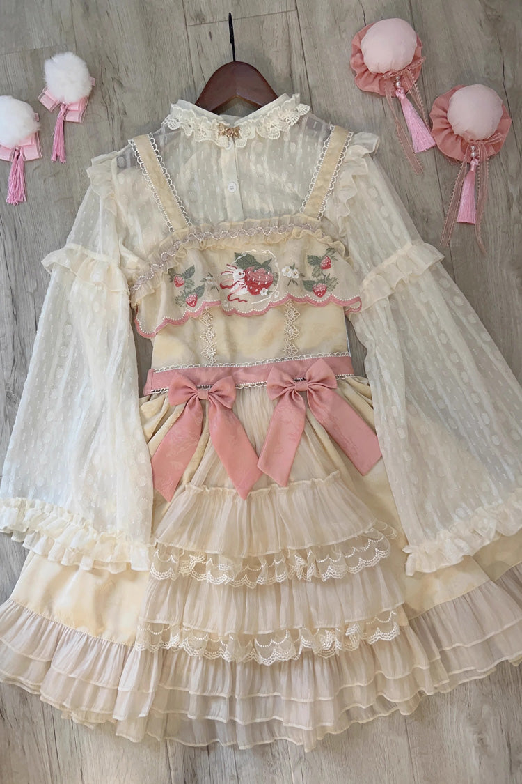 Moon Rabbit Ruffle Embroidery Cardigan Jsk - Sweet Lolita Bowknot