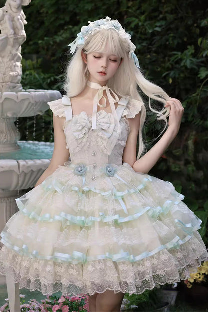 Emerald Triple-Layer Ruffle Ballet Lolita JSK - Rose Feather