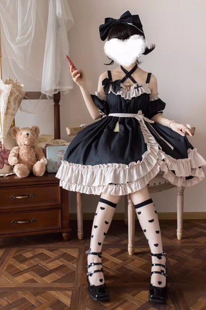 High-Waisted Asymmetric Ruffled Bowknot Gothic JSK