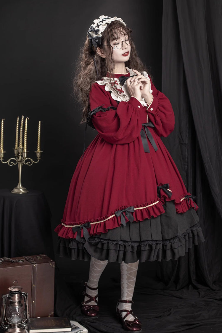 Red Long Sleeves Ruffle Bow Daily Sweet Princess Lolita Dress