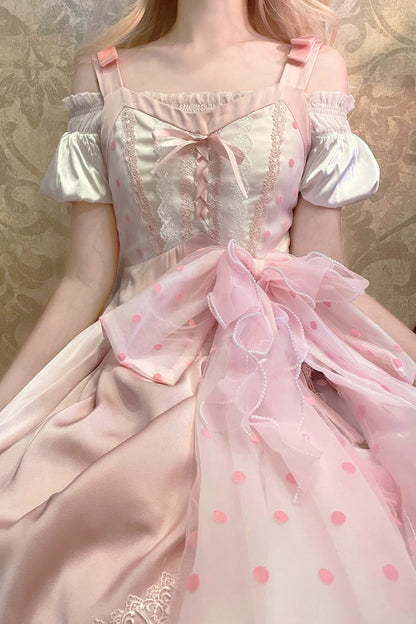 Rose Polka Waltz Sleeveless Pattern Bow Stitching Lace Sweet Lolita JSK Outfit