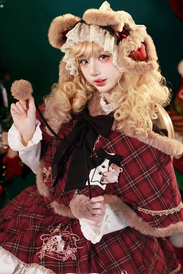 Chestnut Bear Cocoa Plaid Ruffle Bowknot Lolita JSK with Cloak