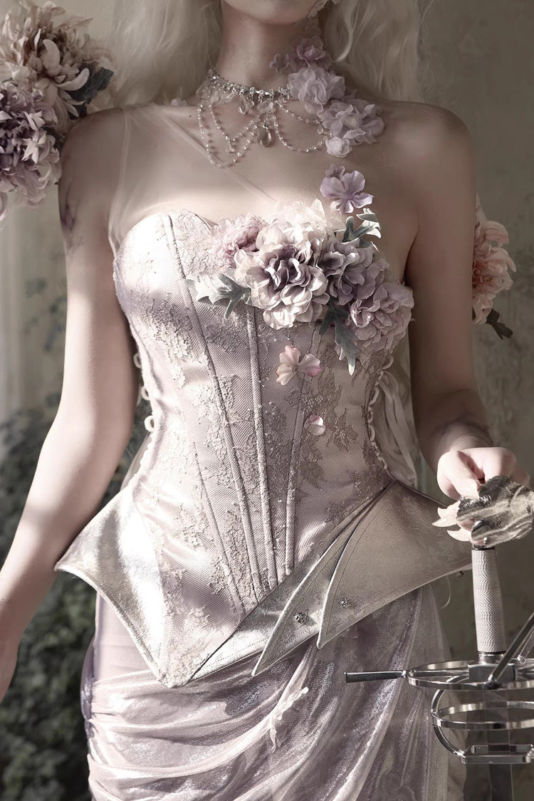 Rose Moonlight Beast Spirit Elf One Shoulder Print 3D Floral Asymmetrical Fishbone Sweet Corset