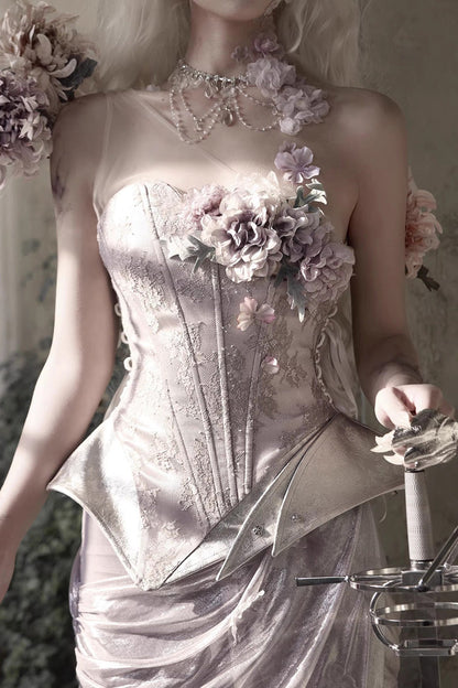 Rose Moonlight Beast Spirit Elf One Shoulder Print 3D Floral Asymmetrical Fishbone Sweet Corset