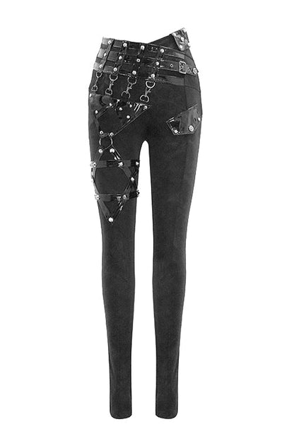 Goth Stretch Knit Asymmetrical Loop Detail Slim Trousers