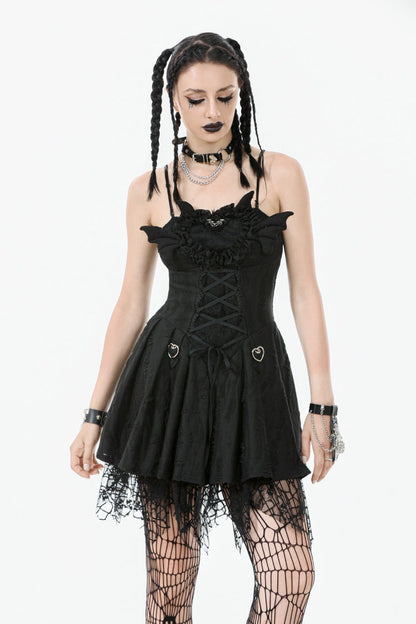 Pleated Dark Demon Slip Dress with Corset Lacing - NoirEdge