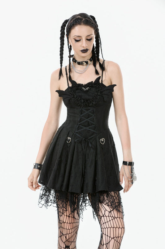 Pleated Dark Demon Slip Dress with Corset Lacing - NoirEdge