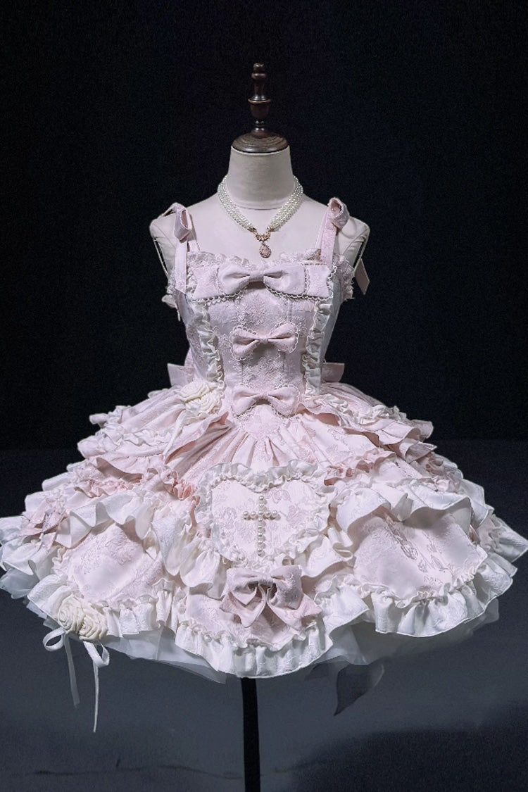 Pink Heart of Butterfly Halterneck Sleeveless Multi-Layer Ruffle Embroidery Princess Ballet JSK Dress Set