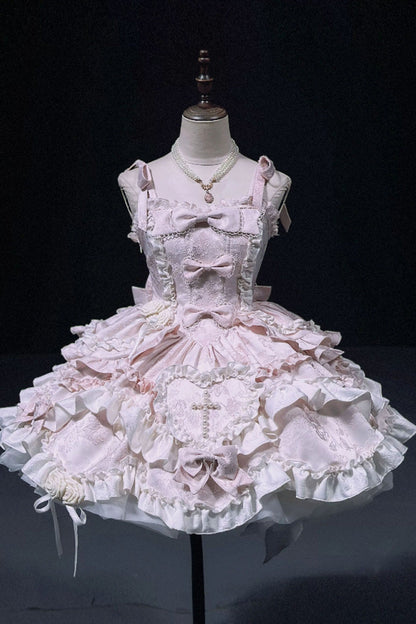 Pink Heart of Butterfly Halterneck Sleeveless Multi-Layer Ruffle Embroidery Princess Ballet JSK Dress Set