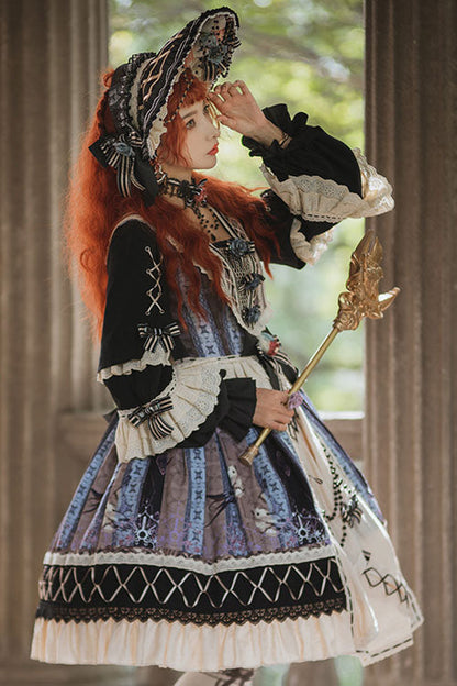 Mirror Finch Print Cardigan Ruffled Classic Lolita OP Dress