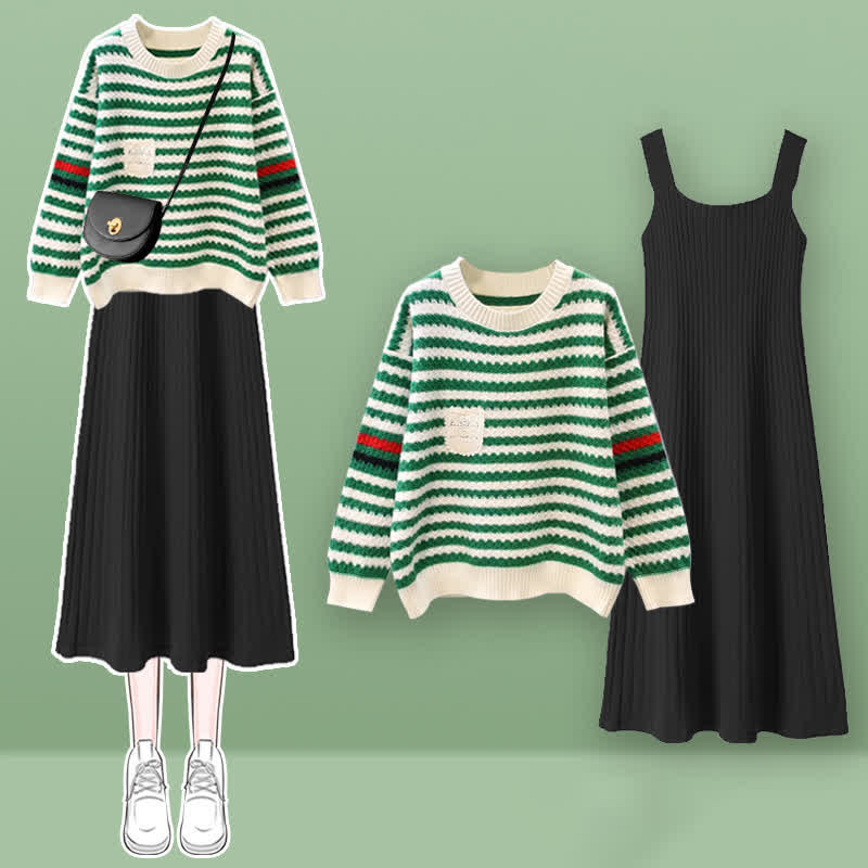 Knit Colorblock Set Stripe Sweater Dress Slip