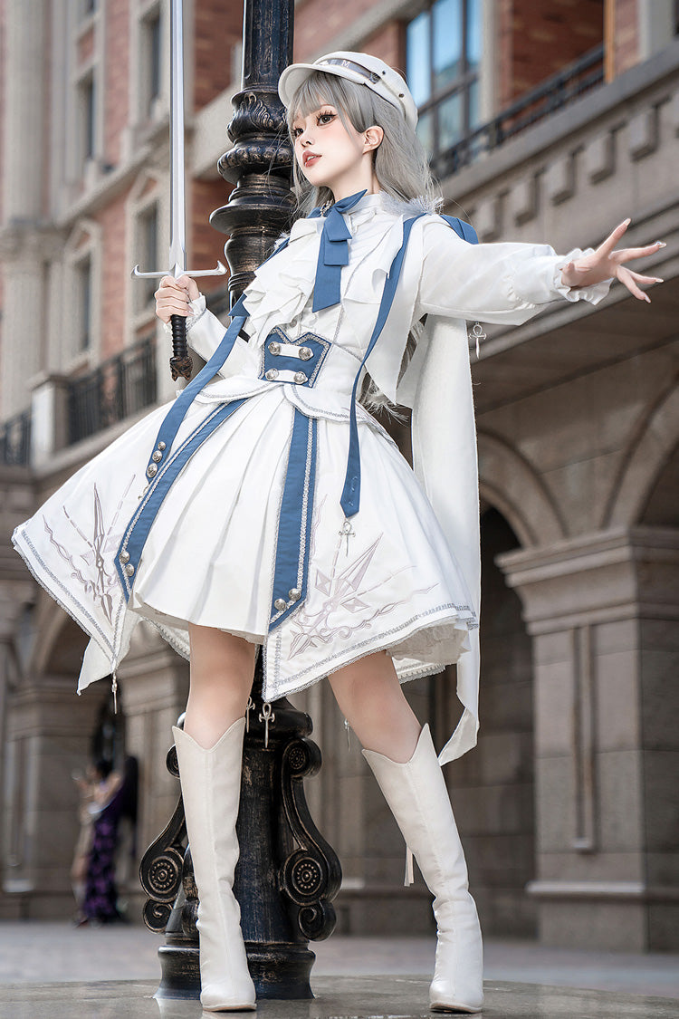 White Blue Star Knight Print Punk Military Princess Handsome Ouji Skirt