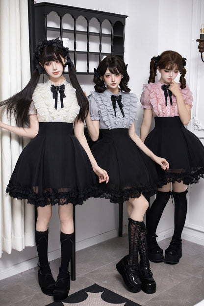 Puff-Sleeve Color-Blocked Faux Two-Piece Sweet Dress