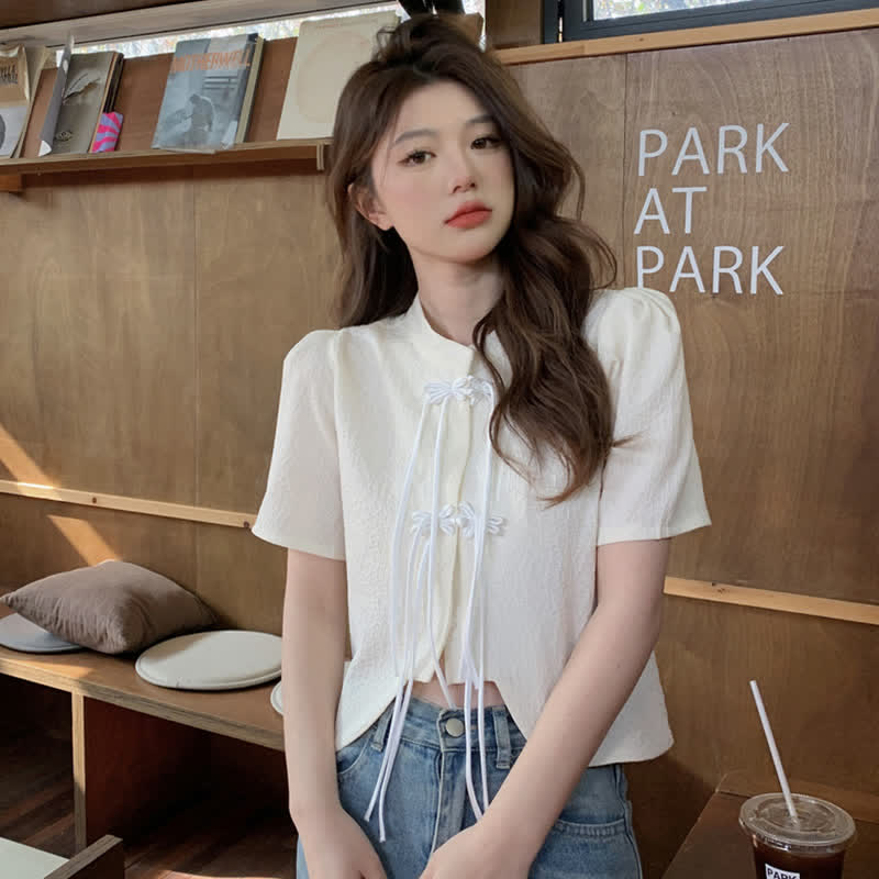 Elegant Buckle Puff Sleeve Loose T-Shirt