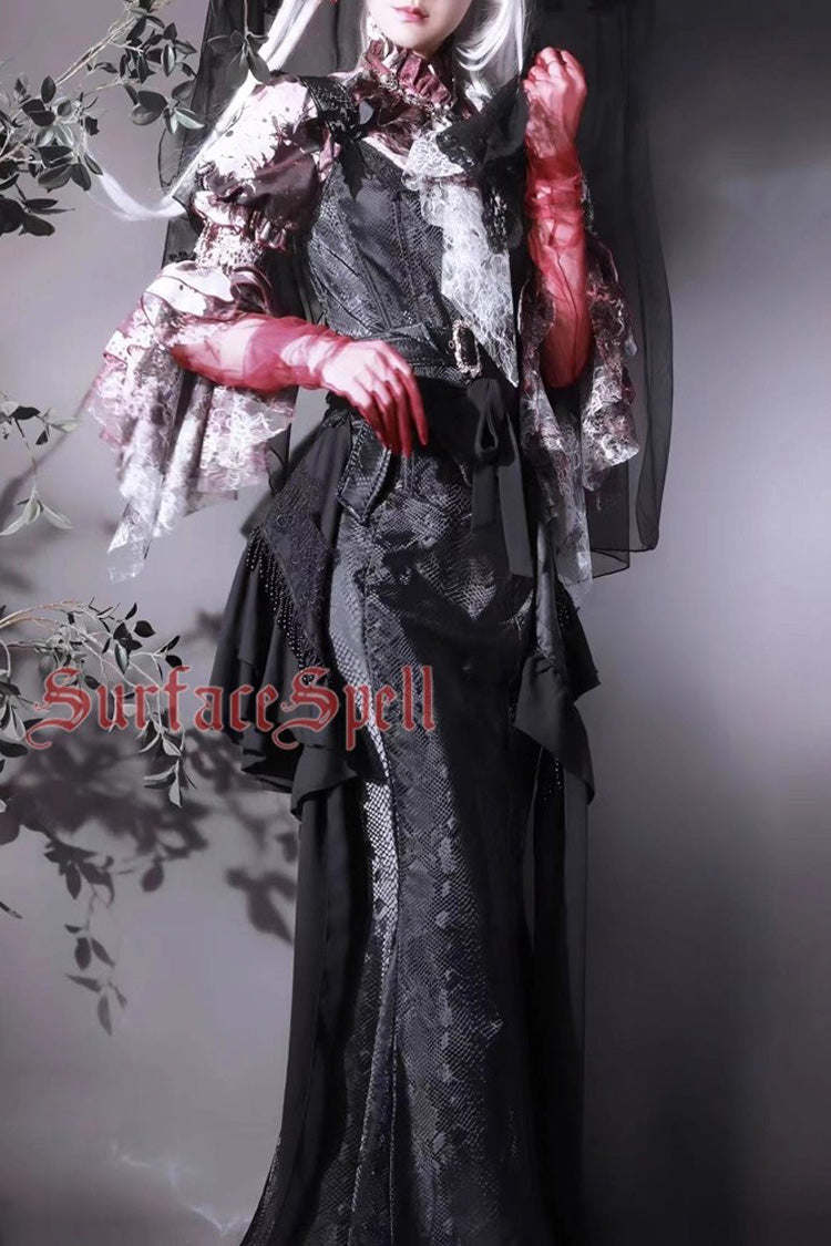 Snake Print Flared Fishbone Mermaid Gothic Lolita Skirt in Black Faux Leather