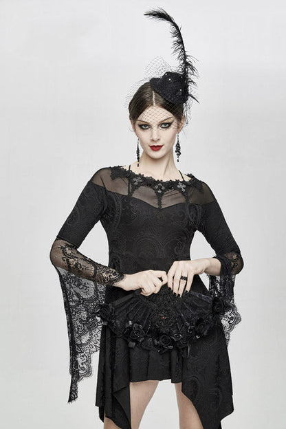 Gothic Women's Off-Shoulder Knit Dress with Horn Sleeves and Lace Trim