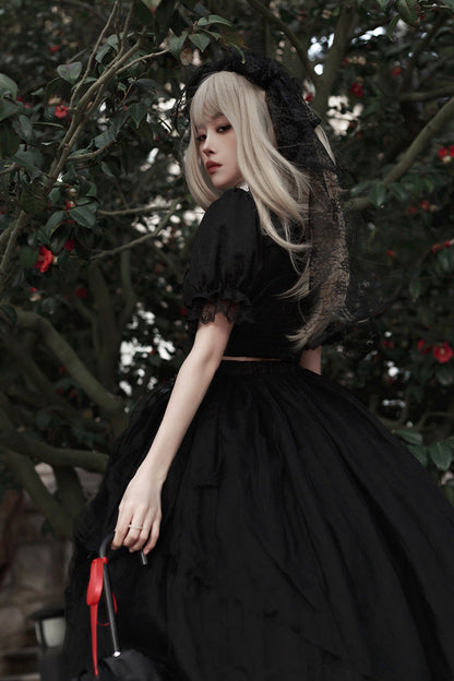 Black Rose Embroidered Gothic Lolita Dress Set with Cutout Top