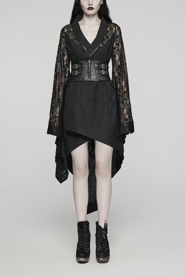 Skull Print Hollow Stitching Black Asymmetric Steampunk Kimono Dress
