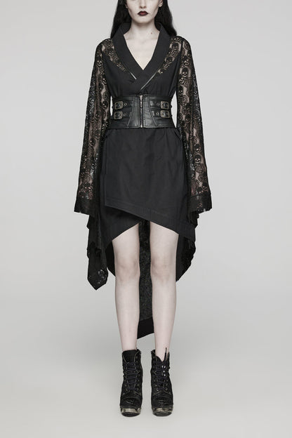 Skull Print Hollow Stitching Black Asymmetric Steampunk Kimono Dress