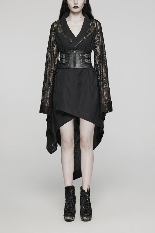 Skull Print Hollow Stitching Black Asymmetric Steampunk Kimono Dress
