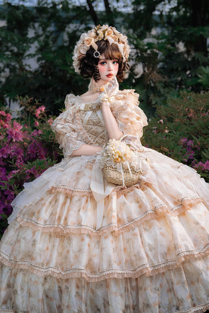 Rose Letter Off Shoulder Triple Layer Print Ruffle Hanayome Princess Lolita in Yellow