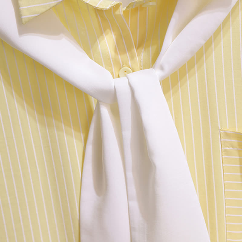 Chic Shorts Pocket Lapel T-Shirt Stripe Denim Ripped