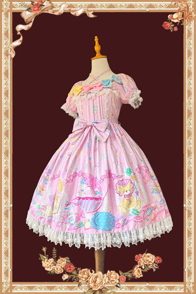 Rose Square Collar Short Puff Sleeve Bow Print Sweet Lolita Gown - Macarons Dolly House