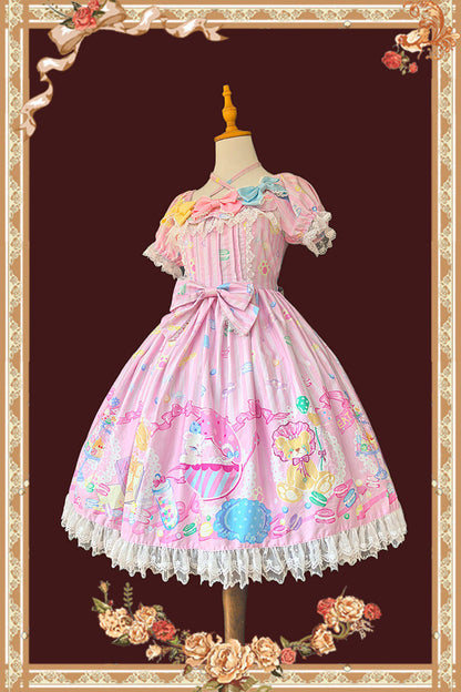 Rose Square Collar Short Puff Sleeve Bow Print Sweet Lolita Gown - Macarons Dolly House