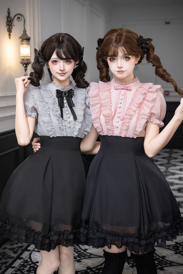Puff-Sleeve Color-Blocked Faux Two-Piece Sweet Dress