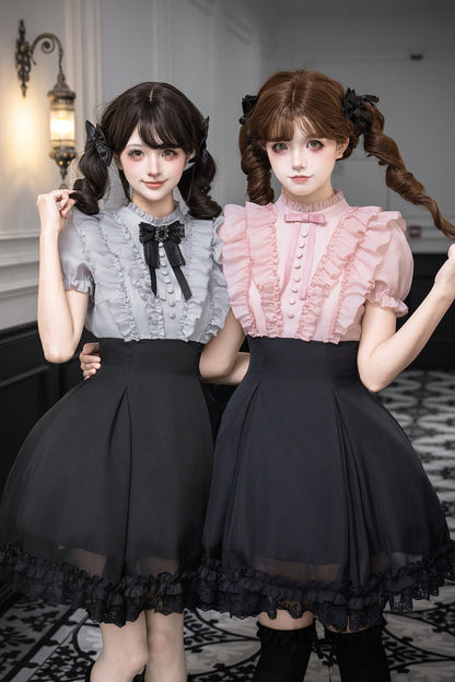Puff-Sleeve Color-Blocked Faux Two-Piece Sweet Dress