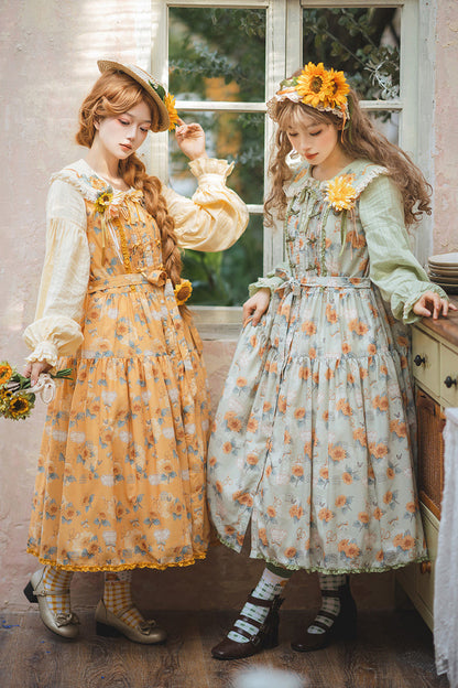 Golden Sleeveless Ruffled Bow Sunflower JSK Elegant Dress
