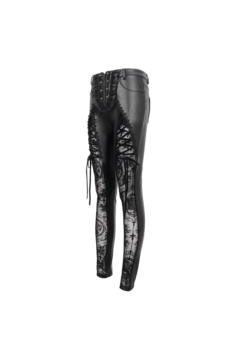 Gothic Women's Slim Leggings with Adjustable Lace Strings and Flocked Stretch
