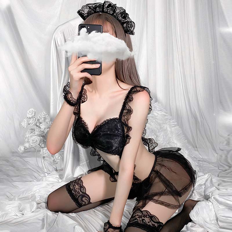 Black Sexy Maid Lace Ruffle Lingerie Dress