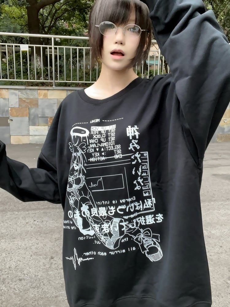 Jirai Kei Black Round Neck Graphic Sweatshirt Yami Kawaii Top