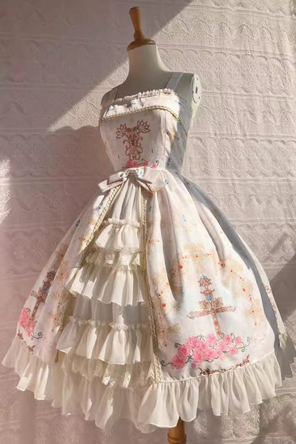 Peacock Cross Print Ruffle Cardigan Jsk Dress - Sweet Lolita