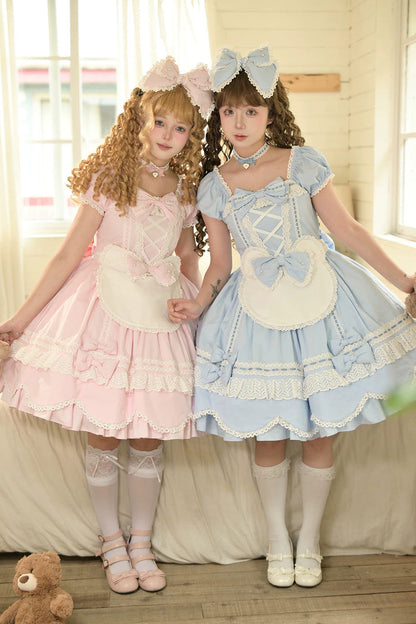 Square-Neck Cotton Dress with Double Ruffle Lace and Lacing