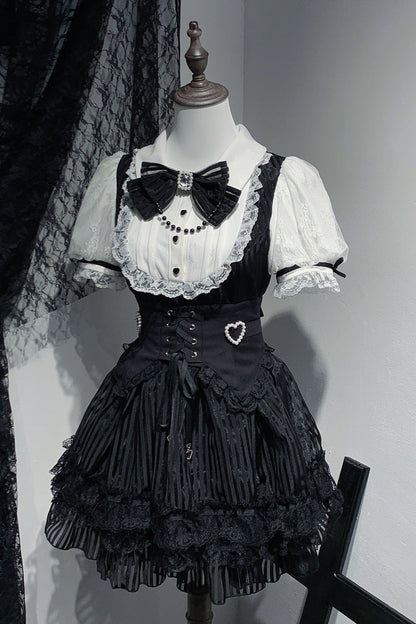 Stripe Print Bowknot Lace Gothic Jirai Kei Dress