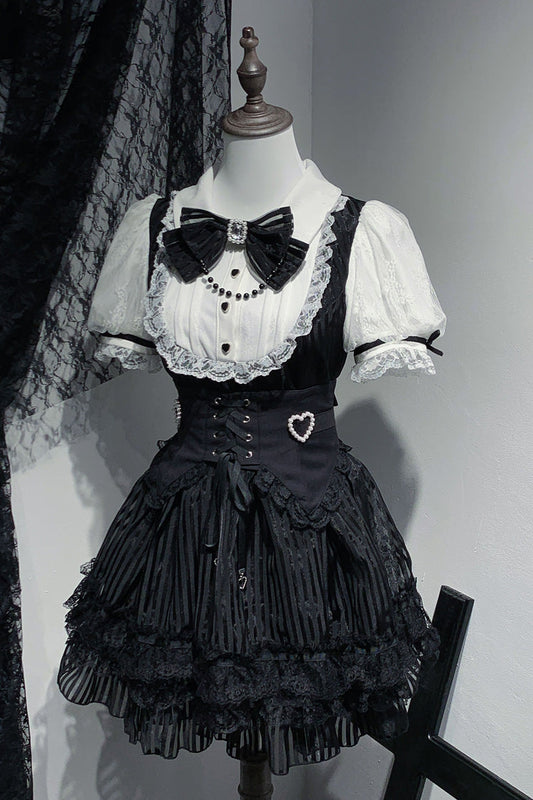 Stripe Print Bowknot Lace Gothic Jirai Kei Dress