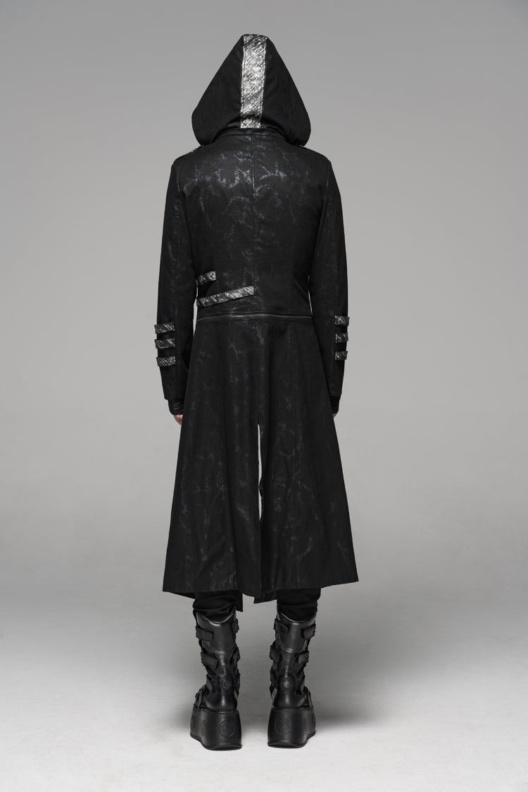 Men's Gothic Long Jacket with Hood and Stretch Twill