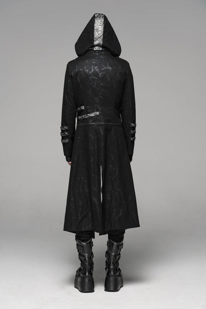 Men's Gothic Long Jacket with Hood and Stretch Twill