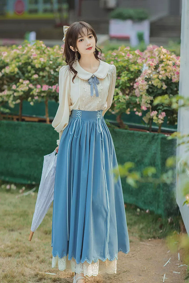 Blue Lapel Collar Long Sleeves High Waist Lace-Up Wave Hem Classic Lolita Two-Piece Set