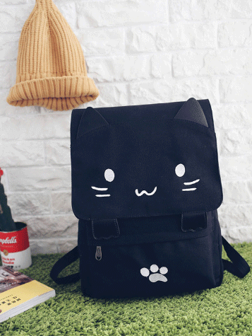 Sac à dos noir pour collège avec patte de chat mignon