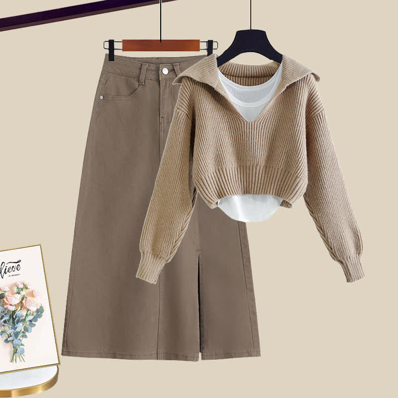 Knit Sweater Sailor Collar Denim Top Split Skirt Cami