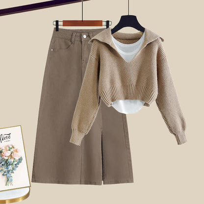 Knit Sweater Sailor Collar Denim Top Split Skirt Cami