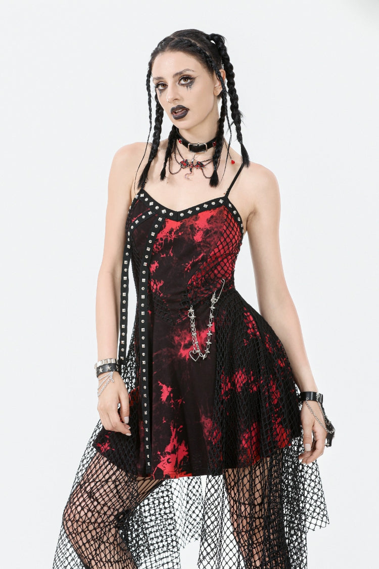 Scarlet Sleeveless Mesh Hem Asymmetrical Tie-Dyed Slip Dress