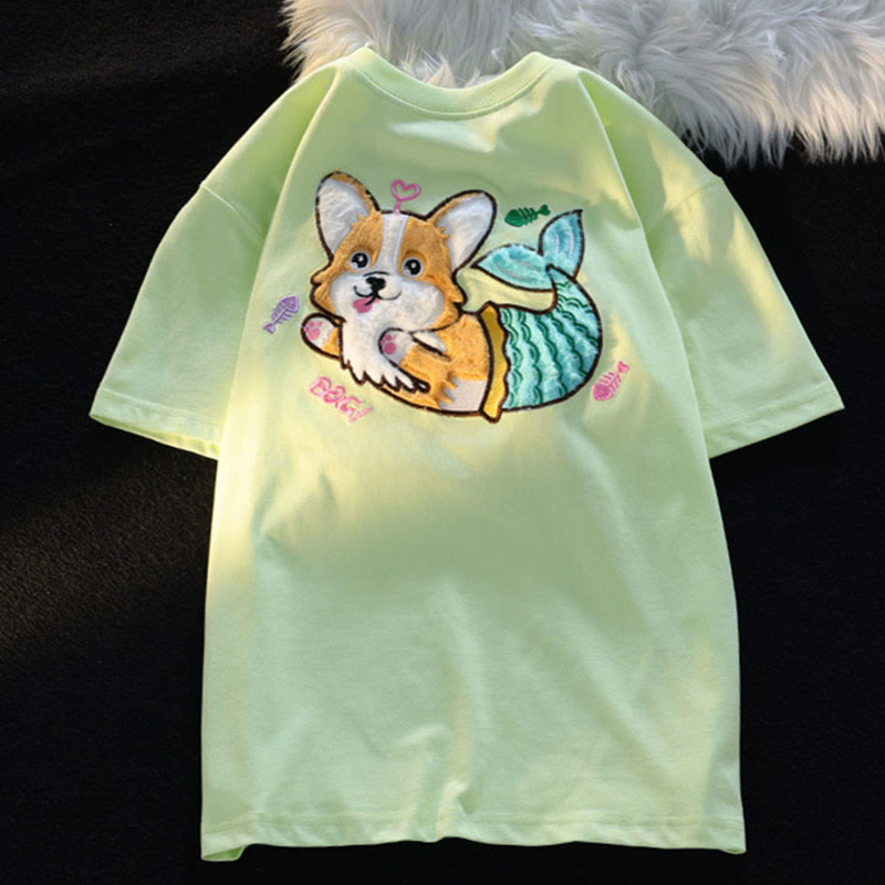 Cartoon Mermaid Puppy Plush Short Sleeve Casual T-shirt