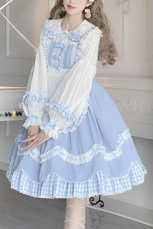 Blue JSK Dress Sweet Lolita Lapel Collar Bowknot Ruffled - Altfashion Shop